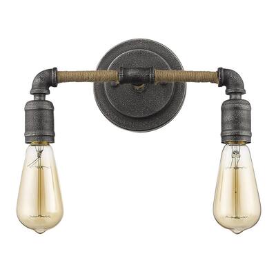 Modern Hardwired Wall Light with Rope and Pipe Accents 2-Light Grey Steel Fixture for Bathroom - 6.25" H x 12.25" W x 5" D