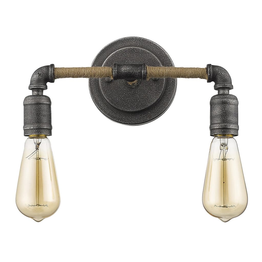 Modern Hardwired Wall Light with Rope and Pipe Accents 2-Light Grey Steel Fixture for Bathroom - 6.25" H x 12.25" W x 5" D