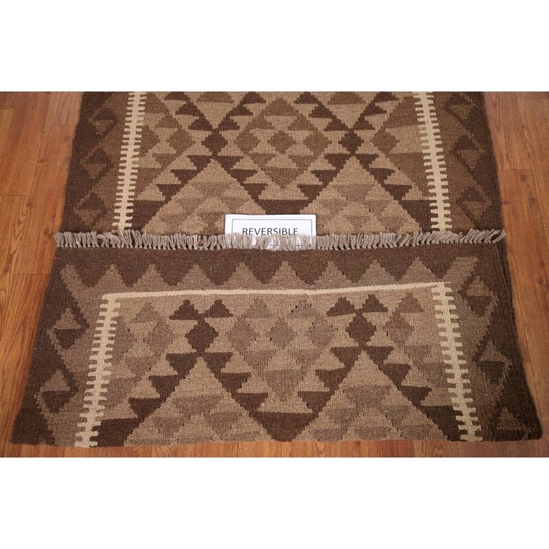 Brown Reversible Kilim Area Rug Hand-woven Wool Carpet - 3'2" x 4'9"