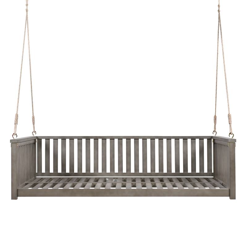 Acacia Wood Twin Size Patio Swing Bed, Outdoor Porch Hanging Bed with Safe Sloped Design and Hemp Ropes for Garden or Backyard