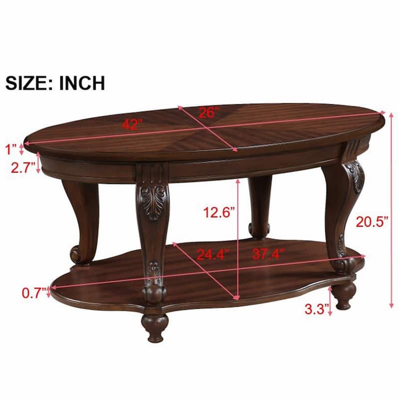 42 Inch Oval Wood Coffee Table with 2-Tier Open Shelf