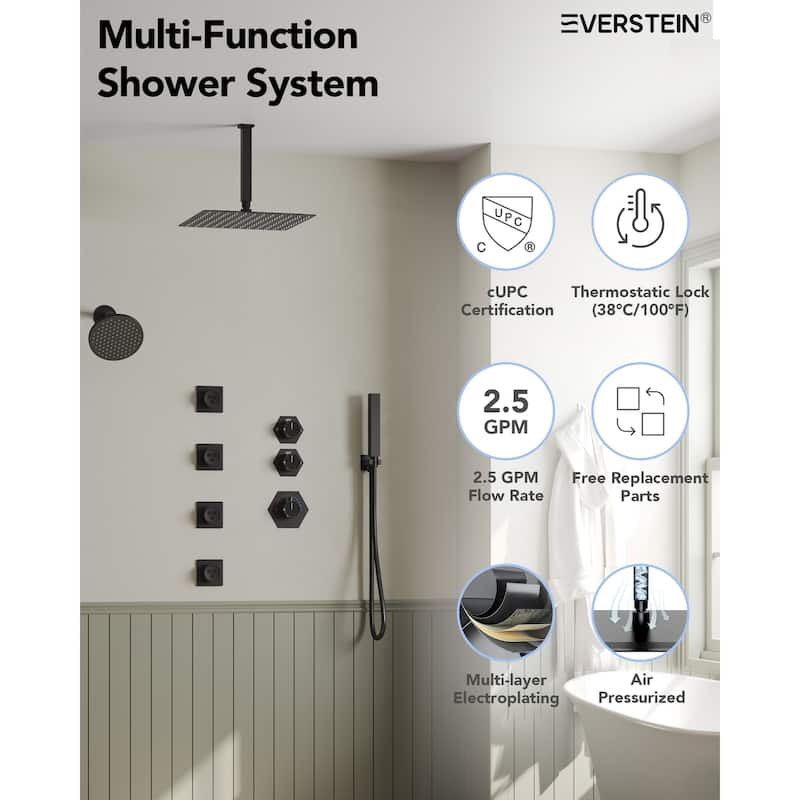 Dual Heads Thermostatic Shower Faucet with 12" Rainfall Shower, Handhels Spray And Body Jets - 12" x 6"