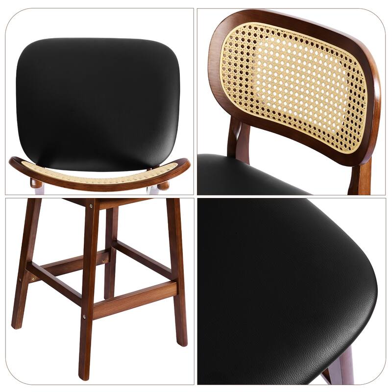 Wood Upholstered Counter Height Bar Stools with Rattan Back - 36.81"H x 17.72"W x 18.7"D
