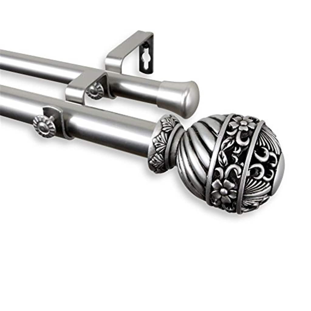 Double Curtain Rod Set - Satin Nickel Finish, Adjustable Length, Includes Finials & Brackets, Home Decor - 84