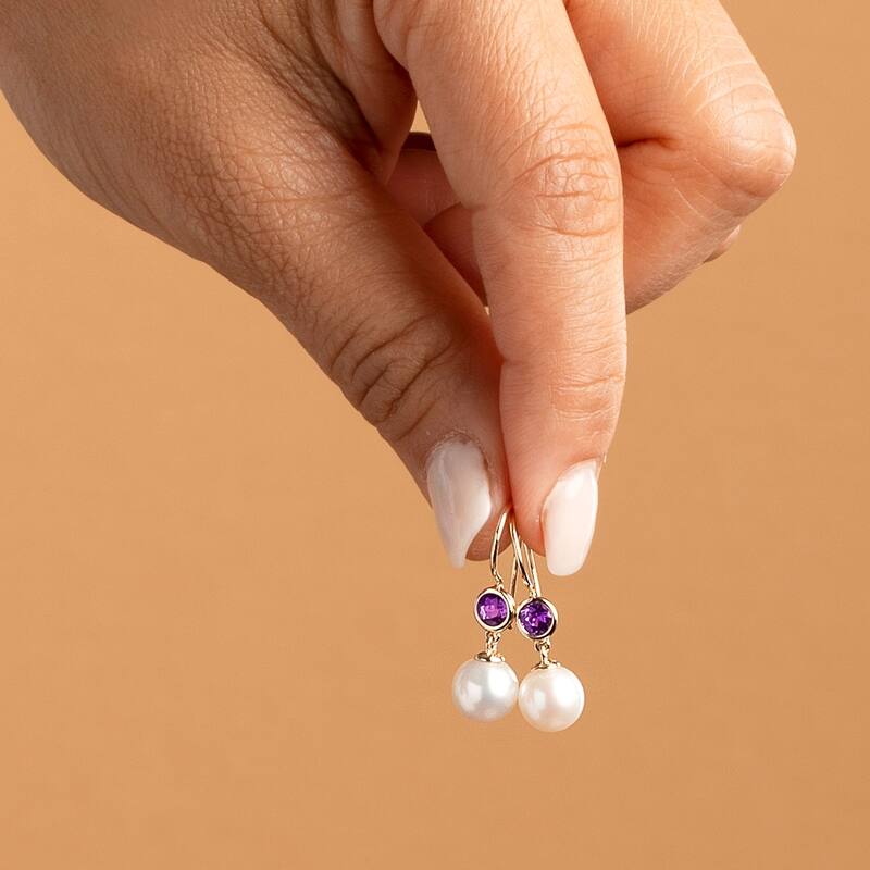 14k Yellow Gold Freshwater Pearl and Amethyst Birthstone Drop Earrings