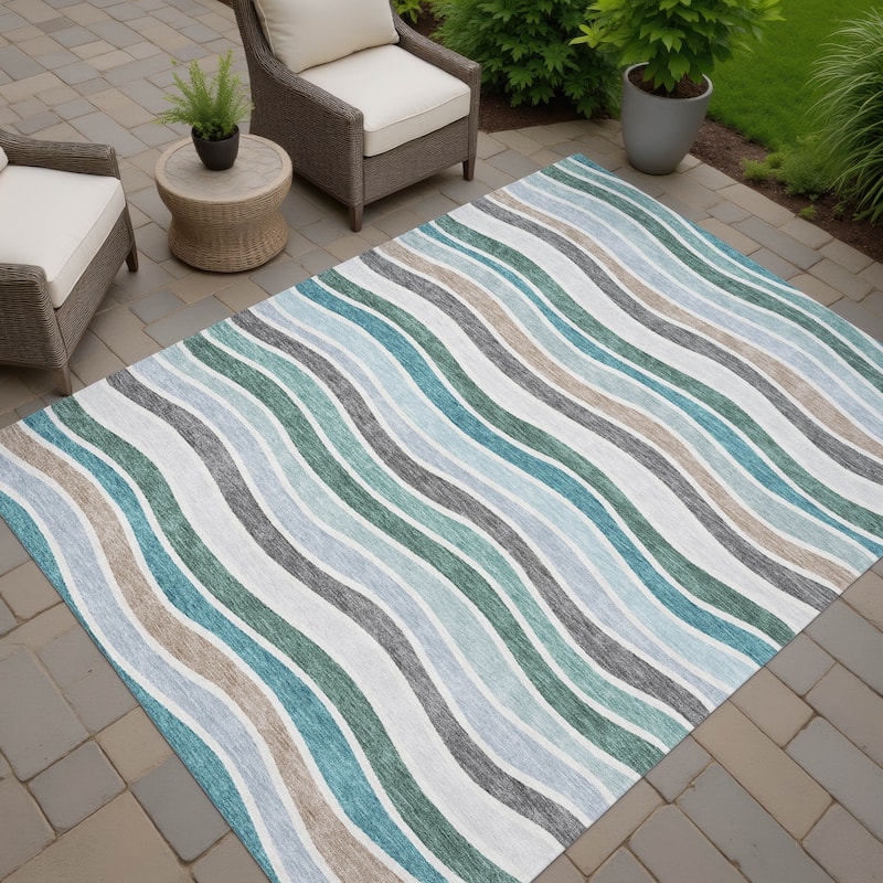 Machine Washable Indoor/ Outdoor Contemporary Stripe Chantille Rug - Teal - 2'6" x 3'10"