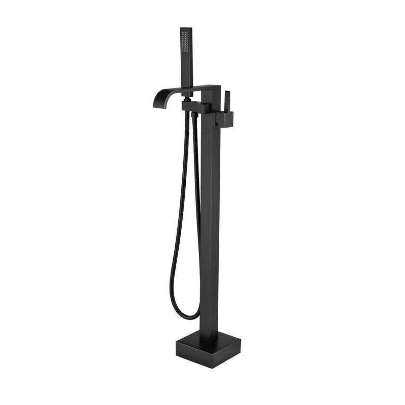 Waterfall Double Handles Freestanding Floor Mounted Tub Faucet With Hand Shower - Matte Black