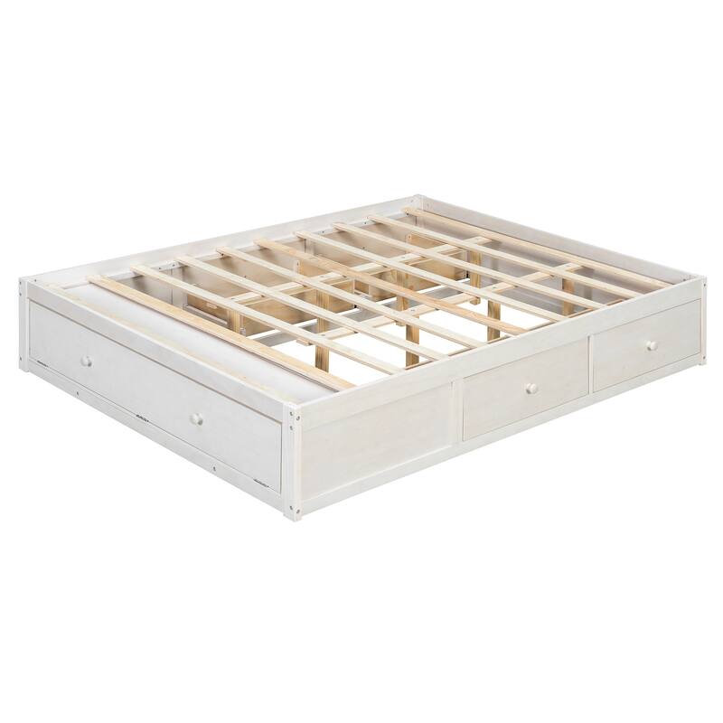 Queen Size Platform Bed Open Frame with Footboard Storage and 4 Drawers