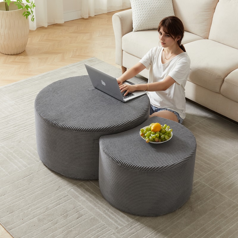 Round Nesting Coffee Table Set of 2 - Modern Upholstered Ottoman, Living Room Side Tables, No Assembly Required - Grey