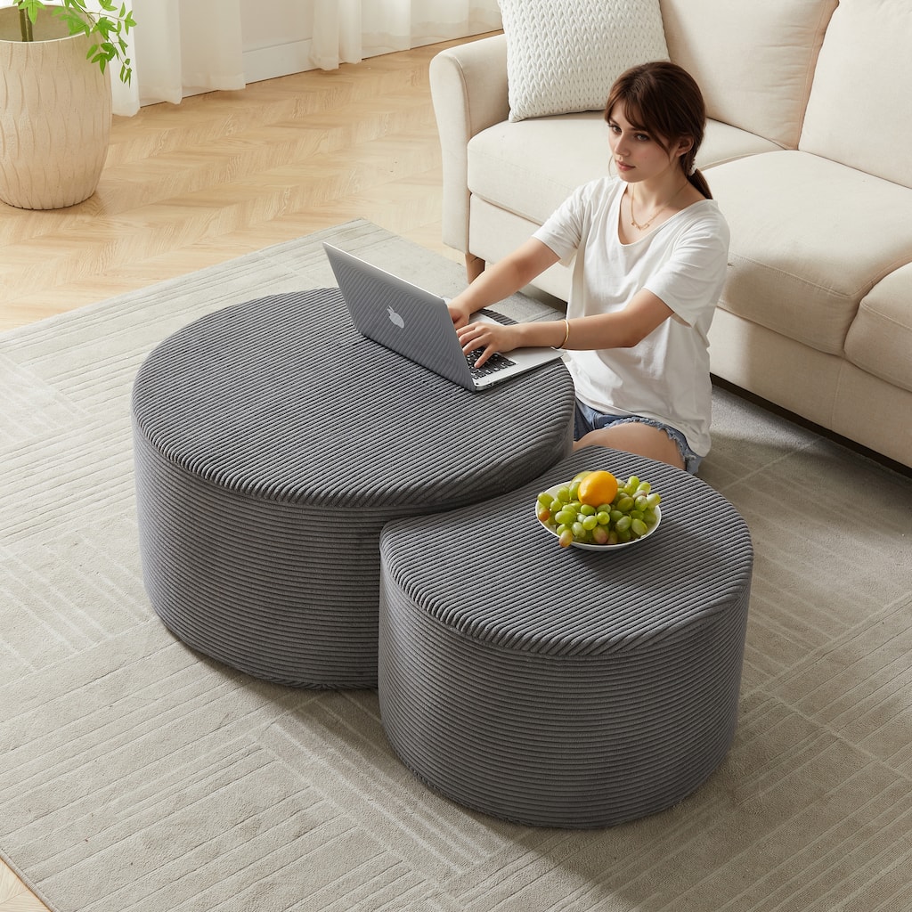 Round Nesting Coffee Table Set of 2 - Modern Upholstered Ottoman, Living Room Side Tables, No Assembly Required