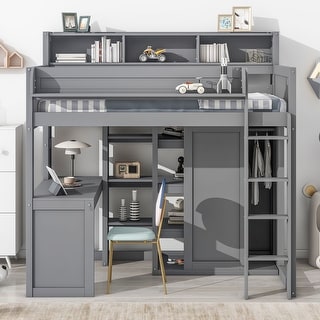 Elegant Sturdy Wood Twin Loft bed with Multiple Storage Shelves and Wardrobe, Built-in desk and Full-length Guardrails, Grey
