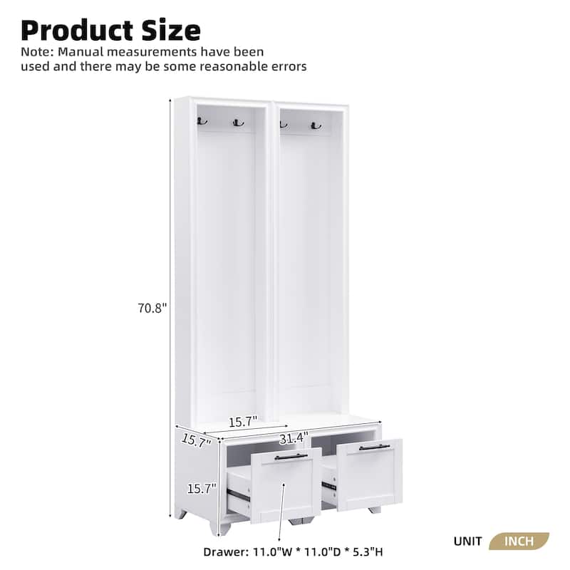 Freestanding Hall Tree with Storage Bench & Hooks, Set of 2 Entryway Coat Rack with Storage Drawers & Anti-Tip Kit
