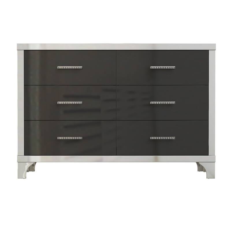Dresser for Bedroom, 47" High Gloss Dresser with 6 Drawers, Mirrored Storage Chest of Drawers with Metal Handle