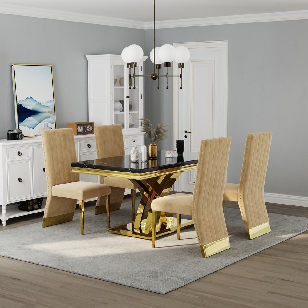 Stylish Modern X Cross Base Dining Room Table Set with Gold Dining Chairs