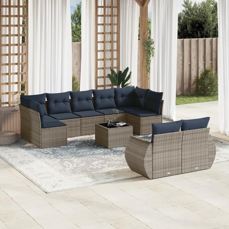 vidaXL 9 Piece Patio Sofa Set with Cushions Grey Poly Rattan - 24.4" x 24.4" x 27.2" - Grey and blue With table