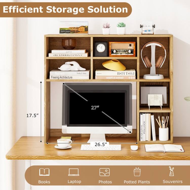 Engineered Wood Desk Hutch with Adjustable Shelves 7 Cubby Desktop Bookshelf Organizer for Home Office - 37" x 10" x 31"