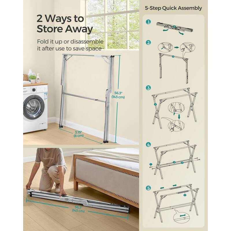 Dove Grey Stainless Steel Extendable and Foldable Clothes Drying Rack Ideal for Both Indoor and Outdoor Use