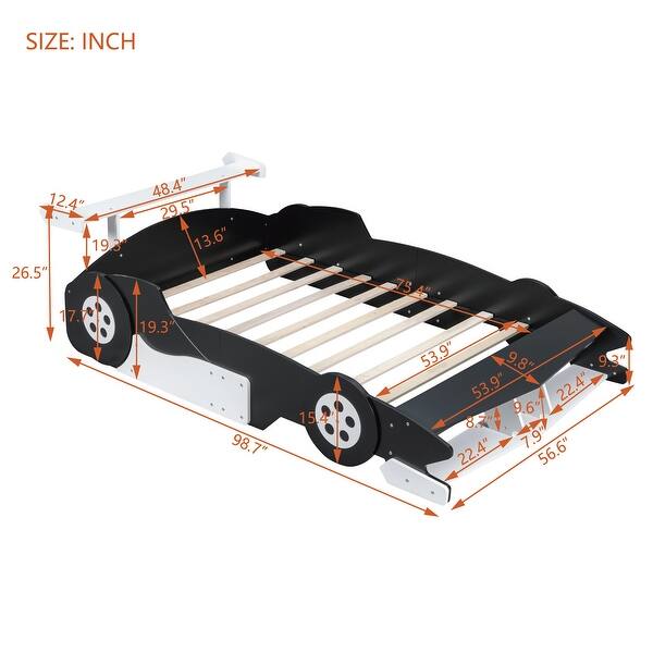 dimension image slide 2 of 3, Full Size Solid Wood Race Car-Shaped Platform Bed with Headboard, Wheels and Storage Rack