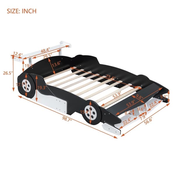 dimension image slide 1 of 2, Roomfitters Full Size Race Car-Shaped Platform Bed with Wheels, Exciting and Durable Design for Fun Bedrooms