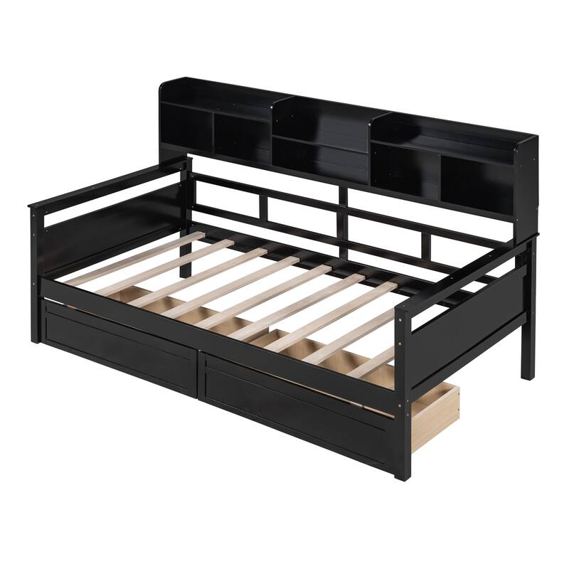 Twin Size Daybed with Wood Slat Support, Bedside Shelves, and Two Drawers in Espresso