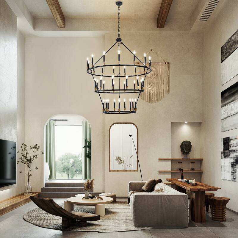 3Tier Wagon Wheel Chandelier Extra Large Chandeliers for High Ceilings - 36-Light