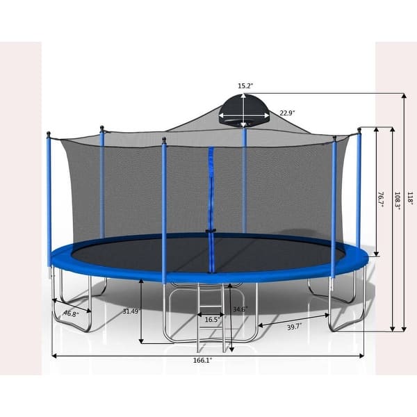 14FT Trampoline for Adults & Kids with Basketball Hoop, Outdoor Trampoline with Safety Net and Ladder - Blue