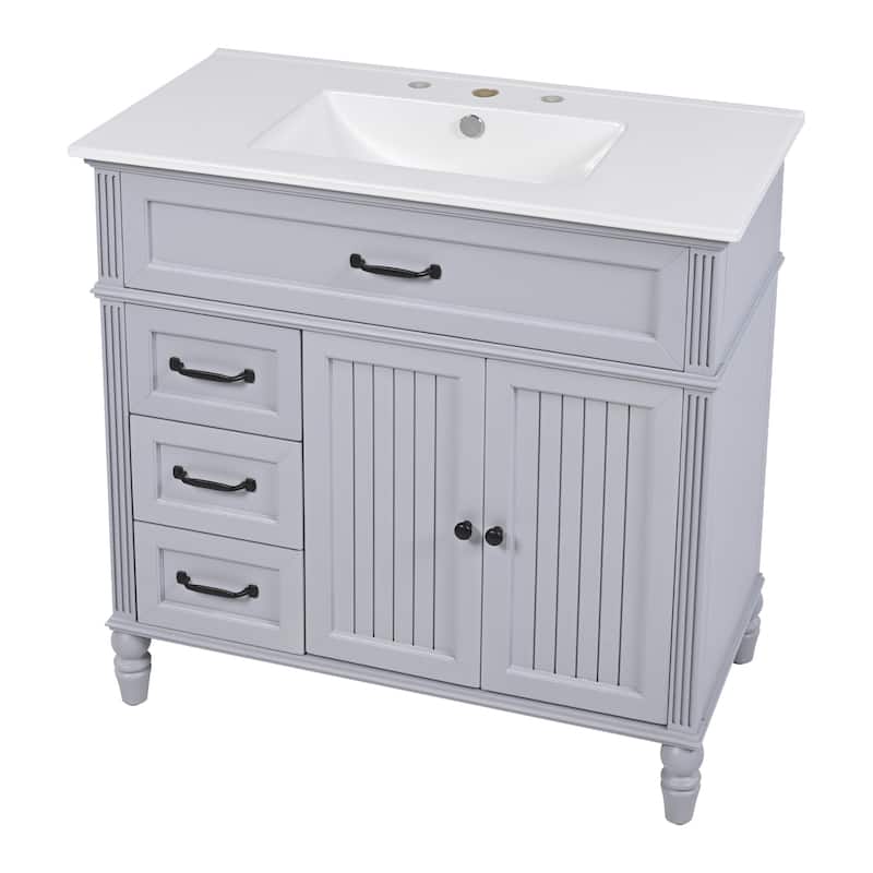White 36-Inch Bathroom Vanity with Gold Handles, Ample Storage, and Painted Finish