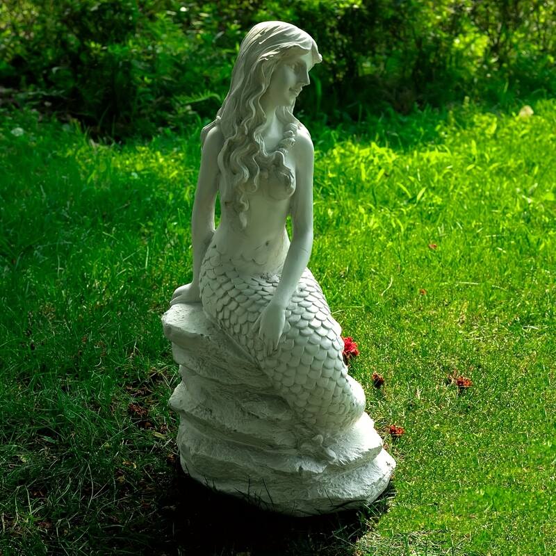20"H Mermaid on Ocean Rock Garden Statue Resin Sculpture Large Mermaid Figurine Collectible Nautical Fairy Tale