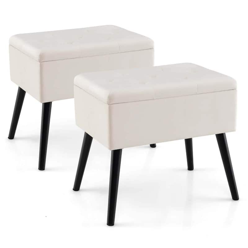 1/2PCS Vanity Stool Chair w/Storage Velvet Ottoman Foot Rest Stool - Beige - 2PCS