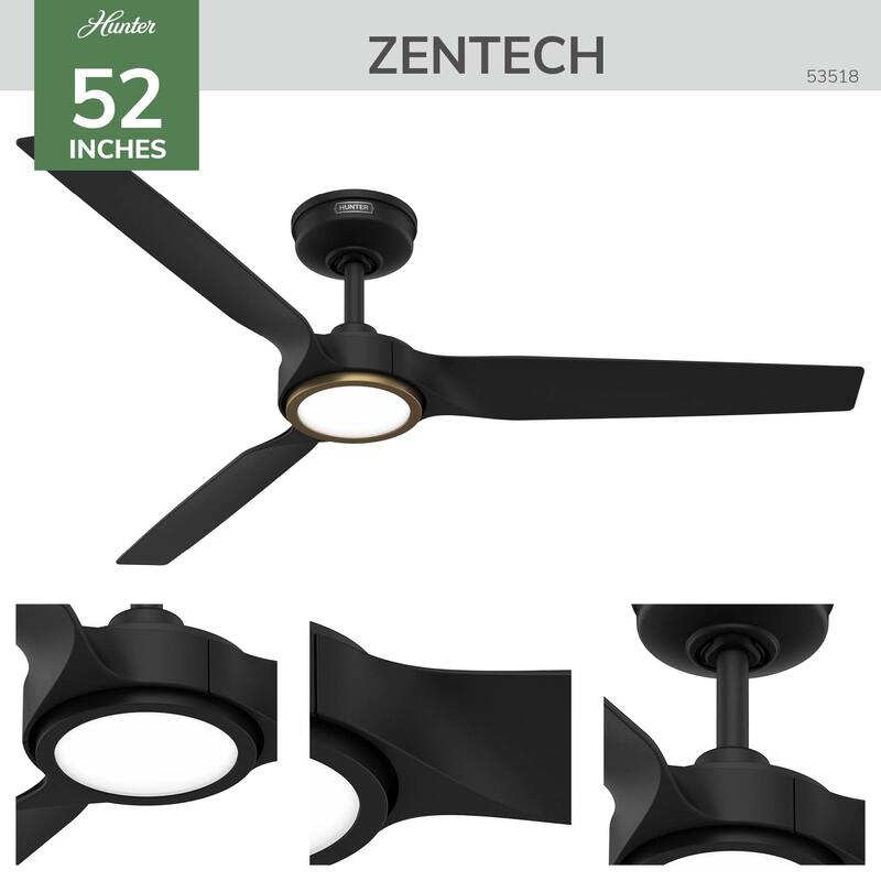 Hunter ZenTech Indoor / Outdoor 3-Blade Smart Ceiling Fan w/ LED Light and Handheld Remote - Modern & Contemporary.