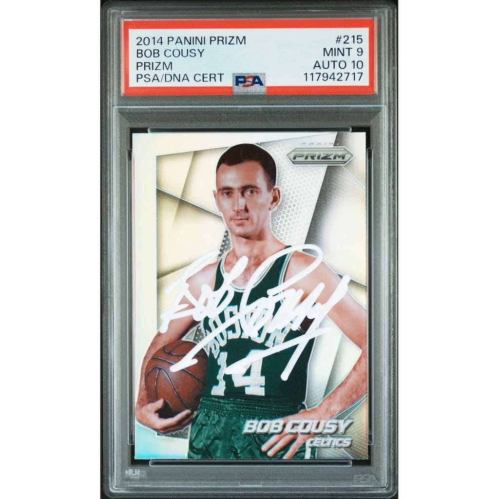 Bob Cousy 2014 Panini Prizm Silver Signed Basketball Card #215 Graded PSA 9 Auto 10 Cert # 117942717 - 8' x 11'