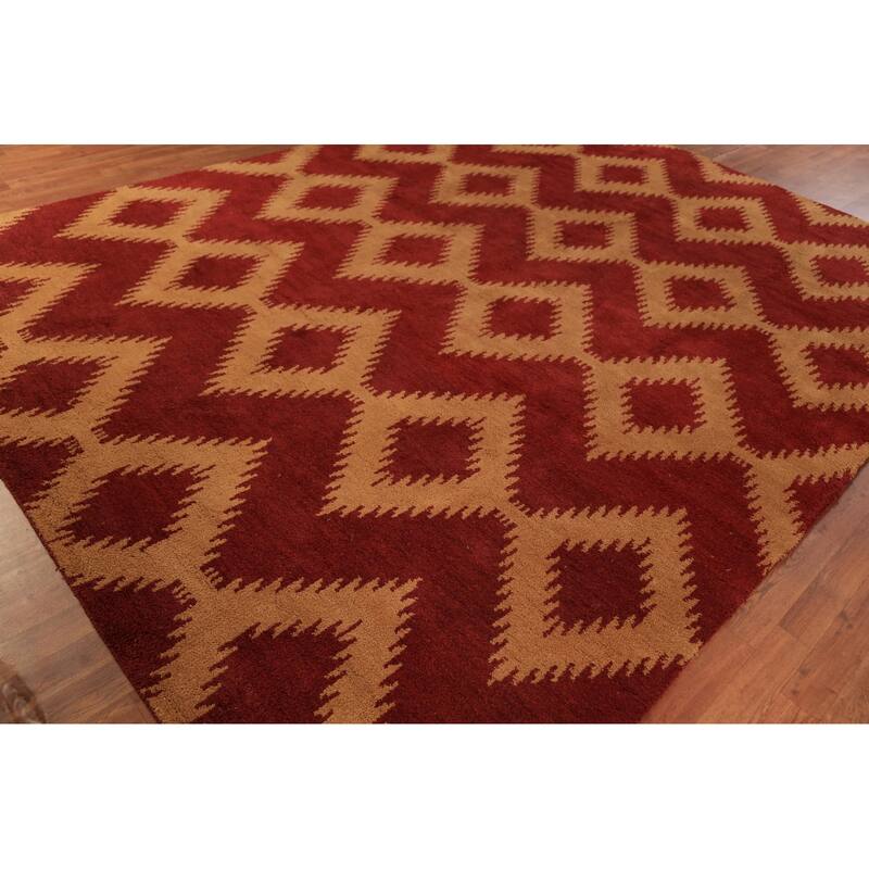 Hand Knotted Oriental 100% Wool Carpet Modern Geometric Red Moroccan Area Rug - 11' 8'' X 8' 11''