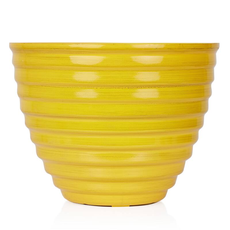 12" Yellow Ribbed Plastic Planter