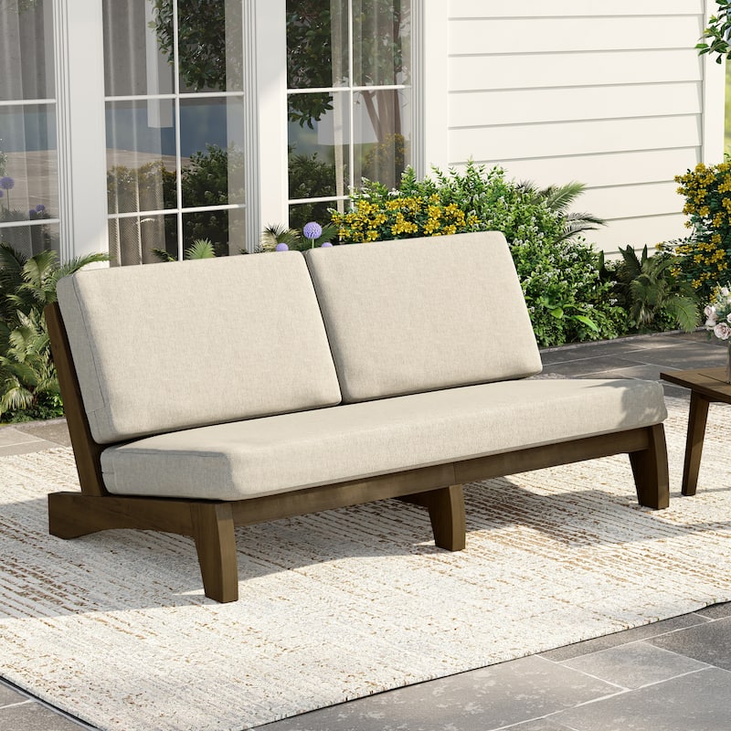 3 Seat Wood 64" W Outdoor Patio Sofa with Cushion - Natural Wood - Light Camel