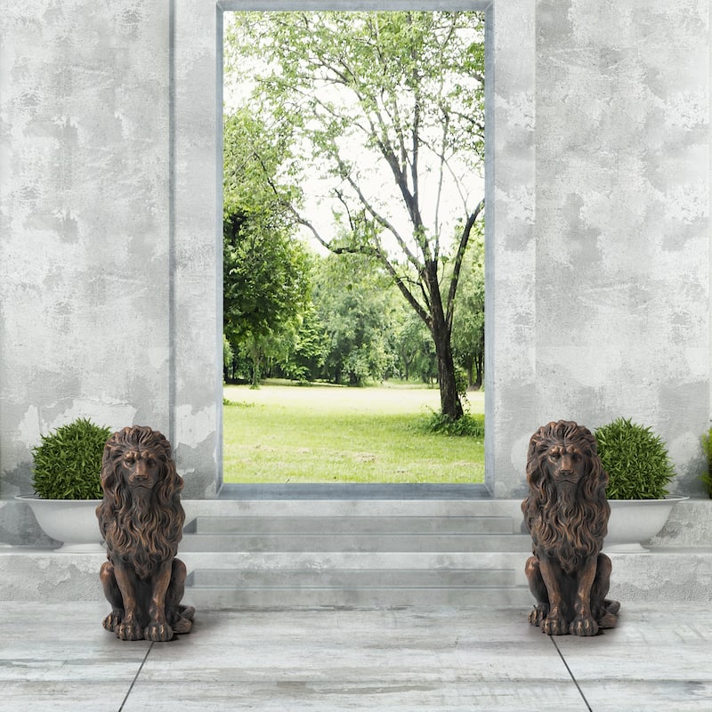 Glitzhome Set of 2 MGO Majestic Sitting Guardian Lion Statues Porch Sculpture Outdoor Indoor