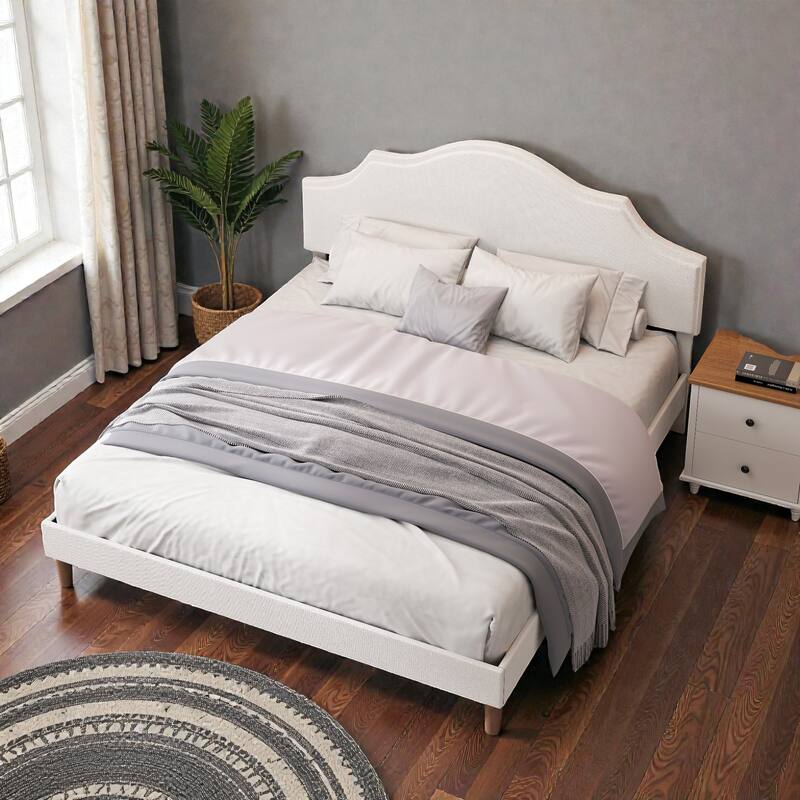 Upholstered Platform Bed Frame with Adjustable Headboard, Linen Fabric Padded, No Box Spring Needed