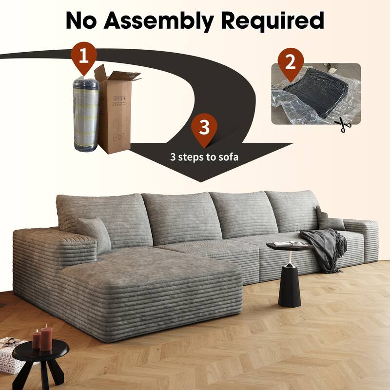 Large Sleeper Sectional Couch L-Shape Floor Modular Recliner Sofa Corduroy Upholstered Chaise Lounge with Ottoman for Livingroom