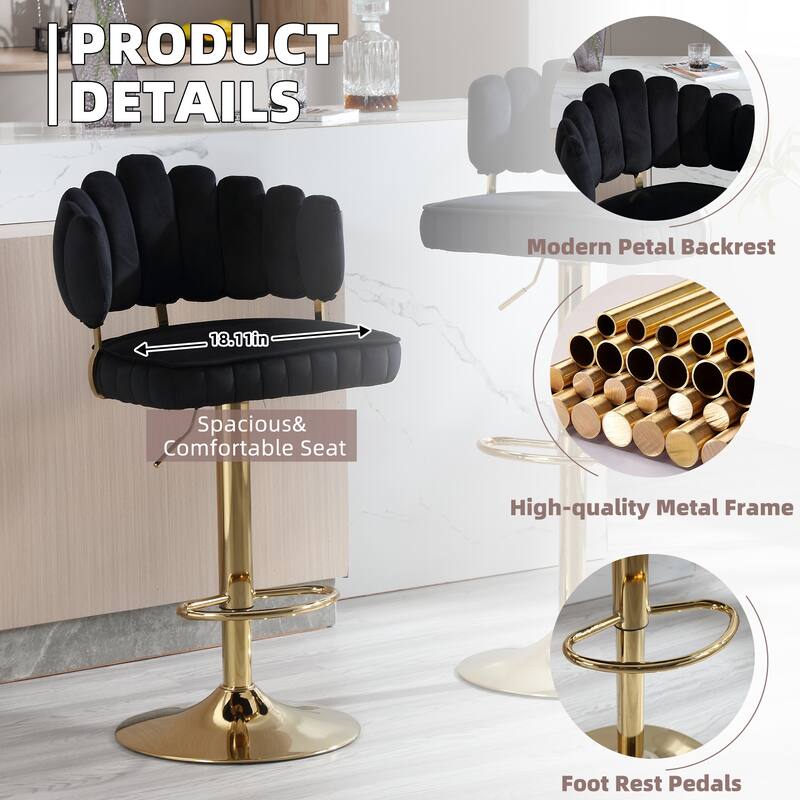 HOMEFUN Velvet Swivel Adjustable Height Scallop Bar Stools With Footrest(set of 2)