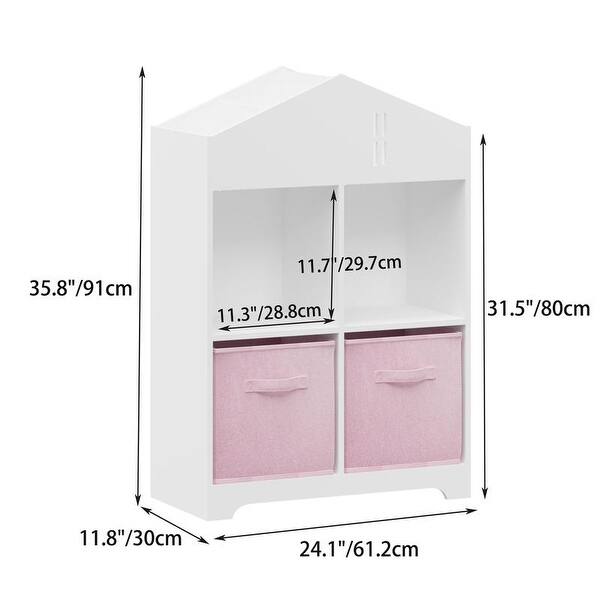 dimension image slide 0 of 2, 2-Tier Kids Dollhouse Bookcase with 2 Collapsible Fabric Drawers