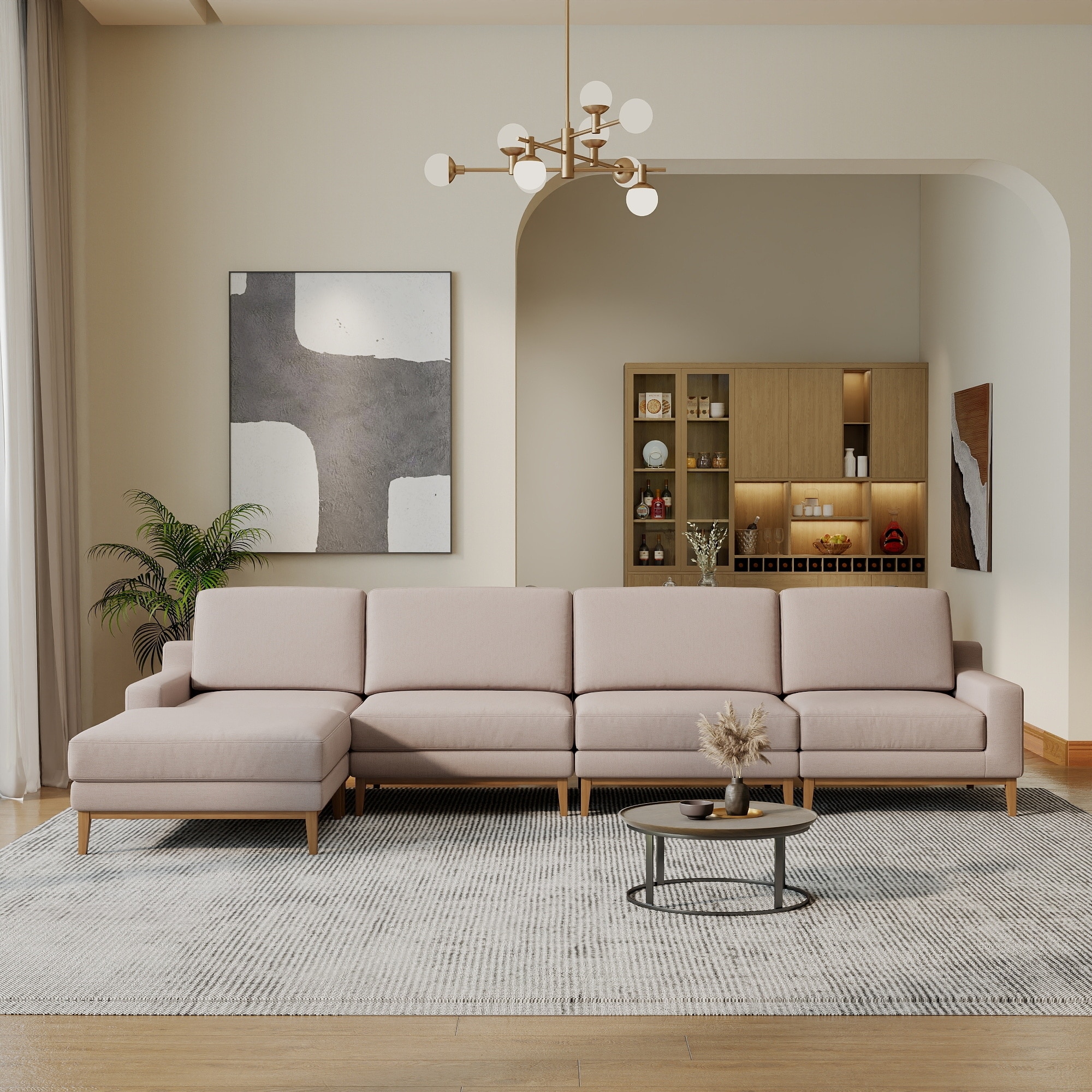 L- Fabric Sofa Solid Wood Frame 4 Seater Living Room Modular Couch with Ottomans