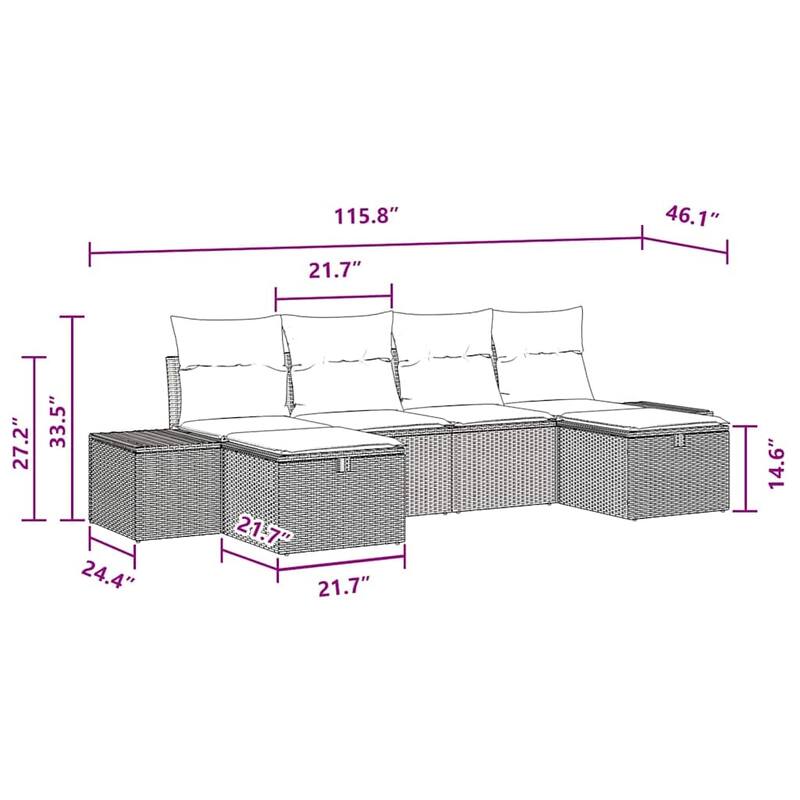 vidaXL Garden Sofa Set with Cushion 6 pcs Black Poly rattan - 46 x 116 x 33