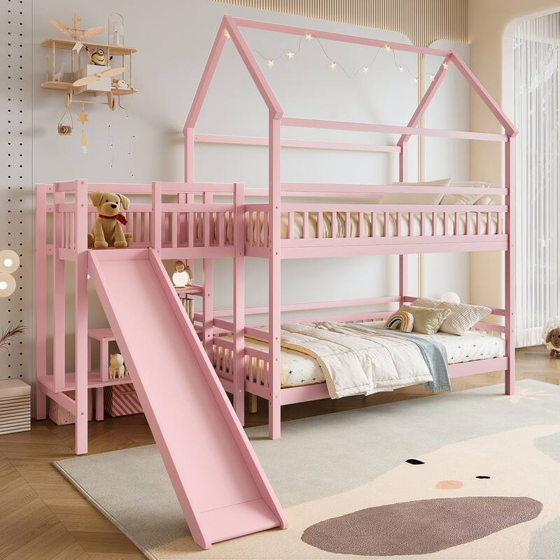 House-shaped Bunk Bed Playful Kids Bed Frame with Storage Stairs, Slide and 2 Placement Methods for Boys and Girls