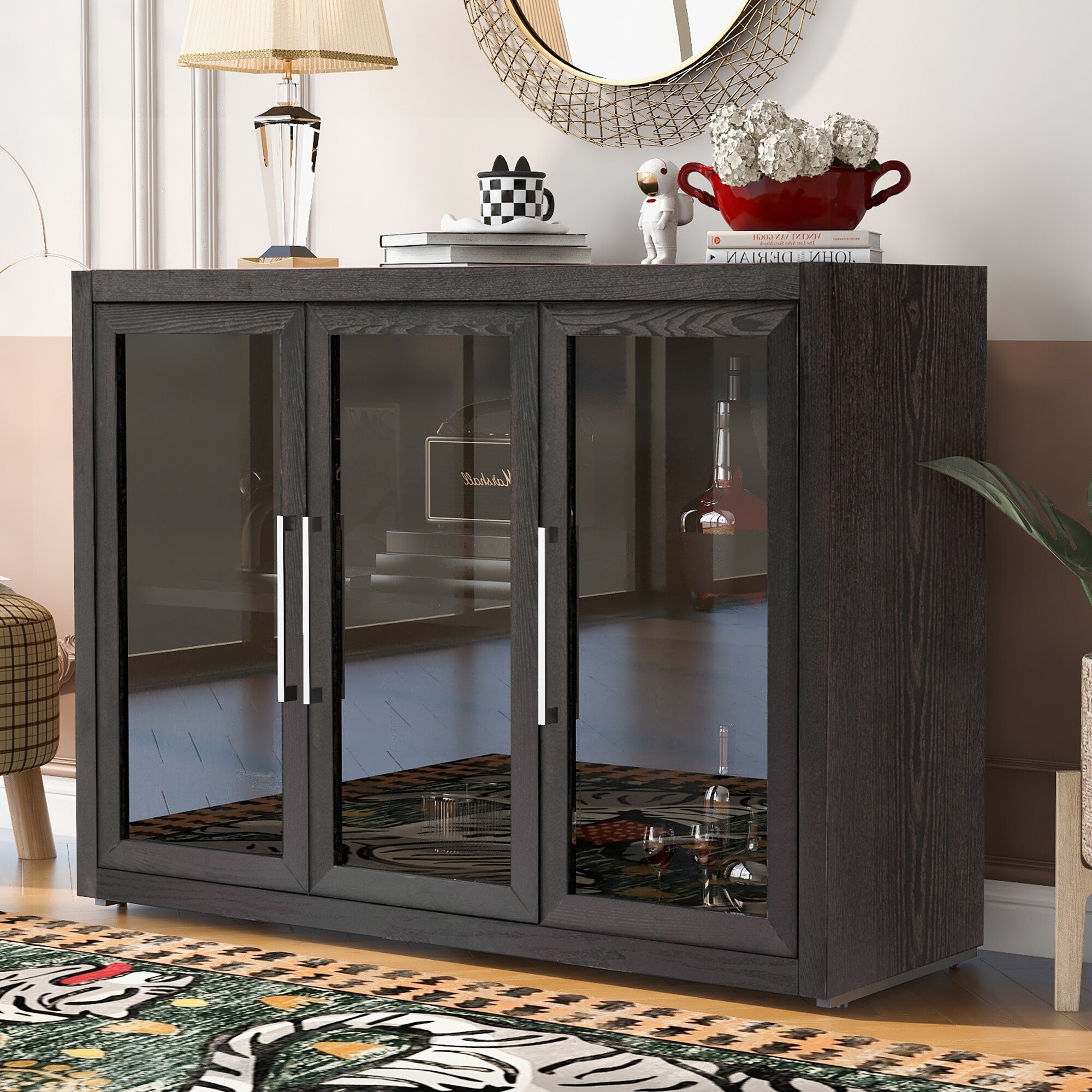 Wood Storage Cabinet Sideboard with Three Tempered Glass Doors and