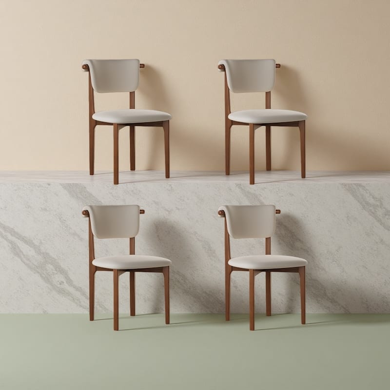 Modern Not Assembled Need Faux Leather Dining chairs, Beige, Solid Wood legs, Mid Century Kitchen Chairs for Diningroom - Set of 4