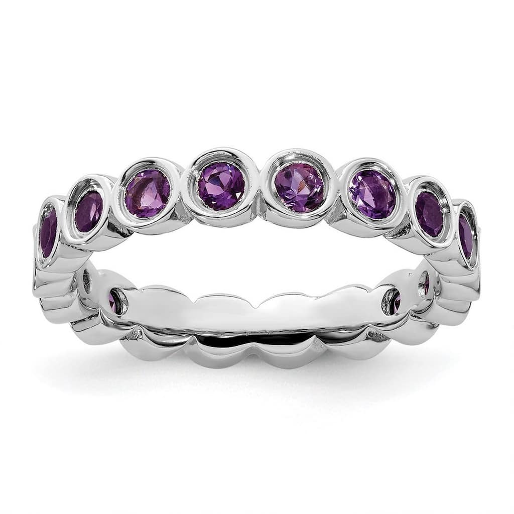 Curata 925 Sterling Silver Bezel Polished Patterned Stackable Expressions Amethyst Ring