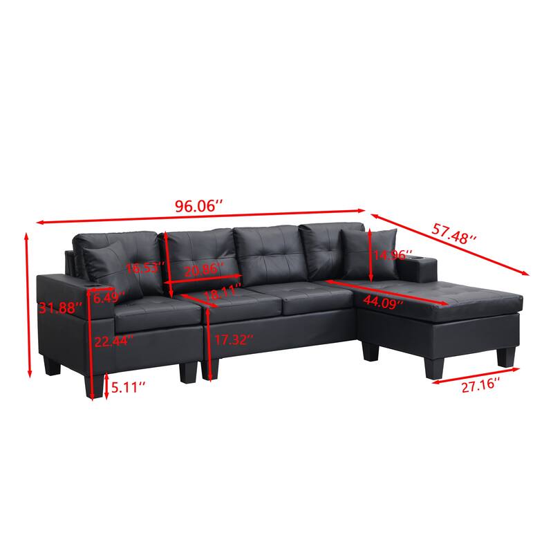 Leather Sectional Sofa L Shape Chaise Lounge with Cupholder & Ottoman