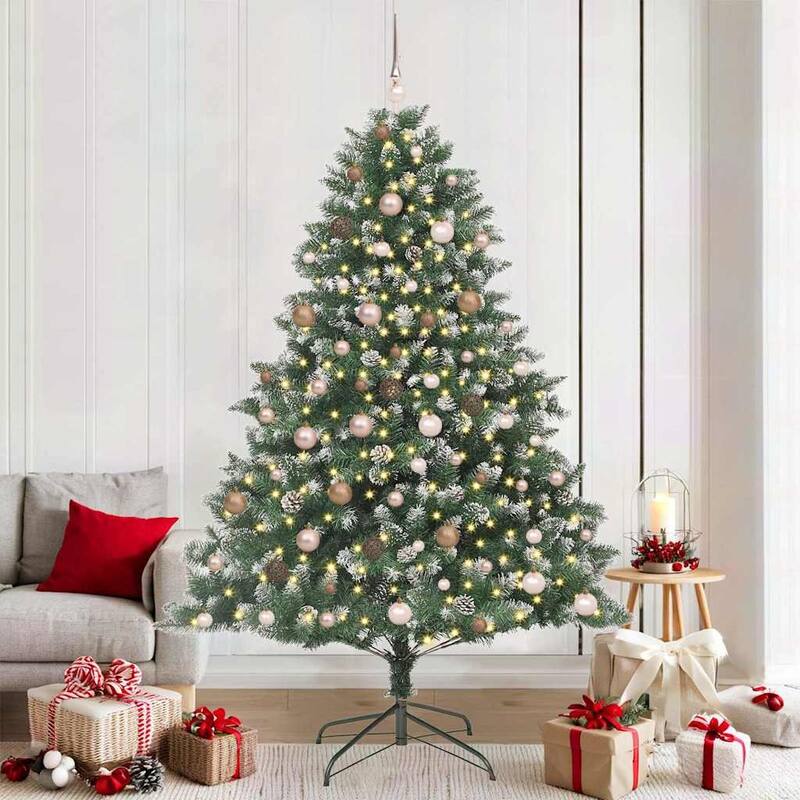 vidaXL Artificial ChristmasTree with Stand Gree PVC - Green with LEDs and rose gold balls - 7 Foot