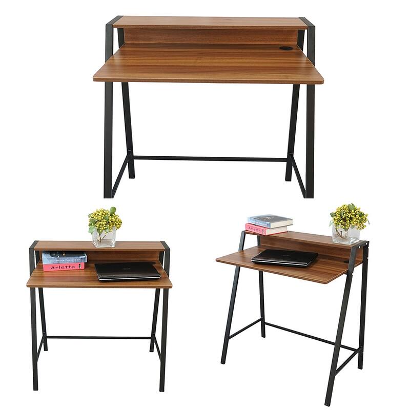 2 Tier Computer Desk Wood Sturdy Frame Compact Writing Table