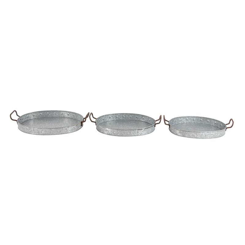 Gray Metal Galvanized Oval Living Room Decor Tray with Rust Handles (Set of 3)