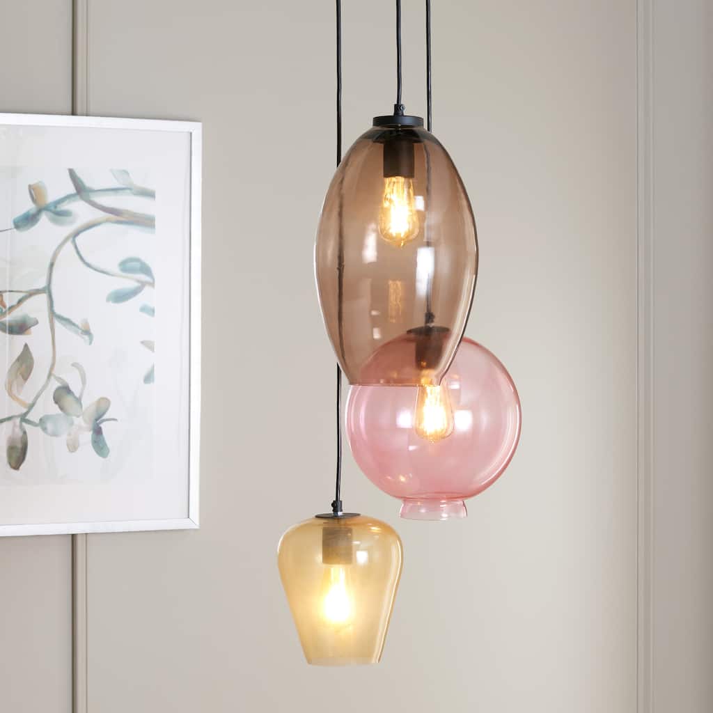 SAFAVIEH Keoni 3 Light Glass & Iron Pendant - 13"W x 15"D x 58"H